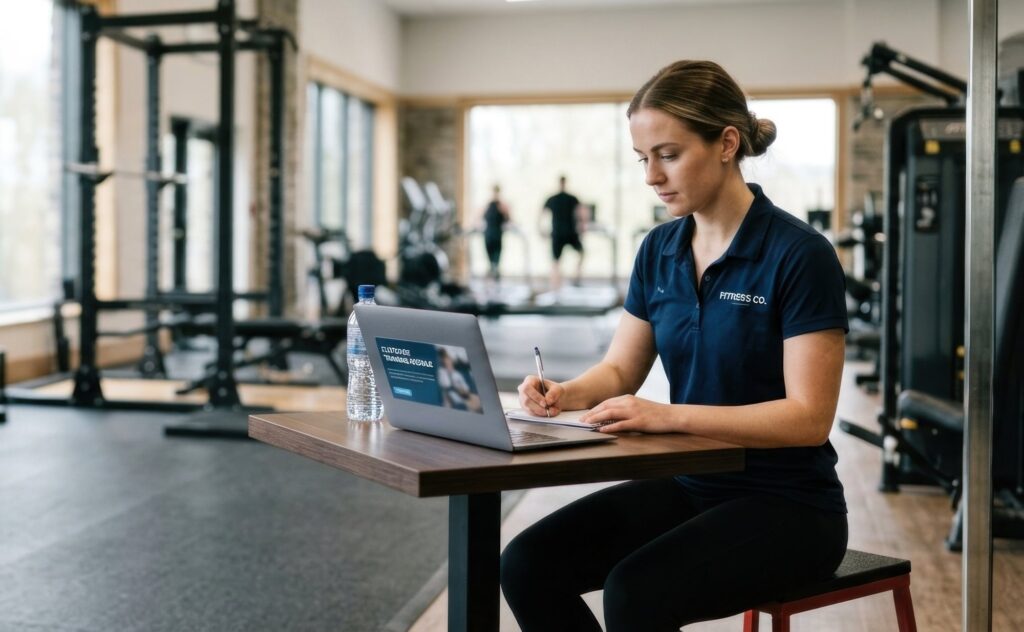 Studioinhaberin plant am Laptop in einem kleinen Fitnessstudio